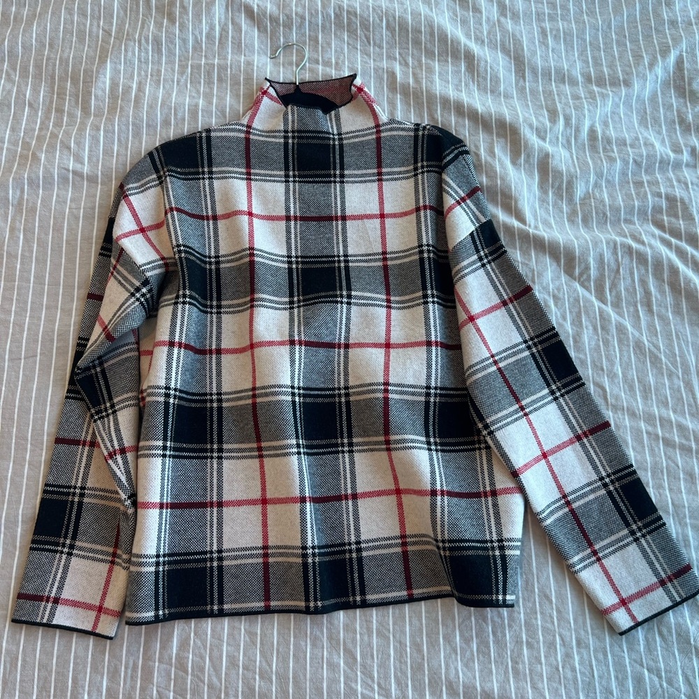 Tahari Mock Neck Plaid Sweater, Size XL in Cream/Black/Red